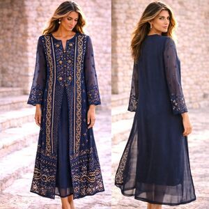 Heirloom Celebration Zoon M Sheer Overlay Navy Embroider Tunic Dress Gold Sequin